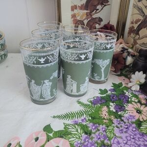 Vintage Tumblers Set Of 6 Jeannette Glass Hellenic Green Jasperware Gold Rim